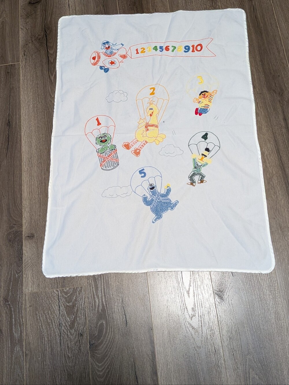 Embroidered Sesame Street Parachute Characters Baby Blanket - White. Flannel .